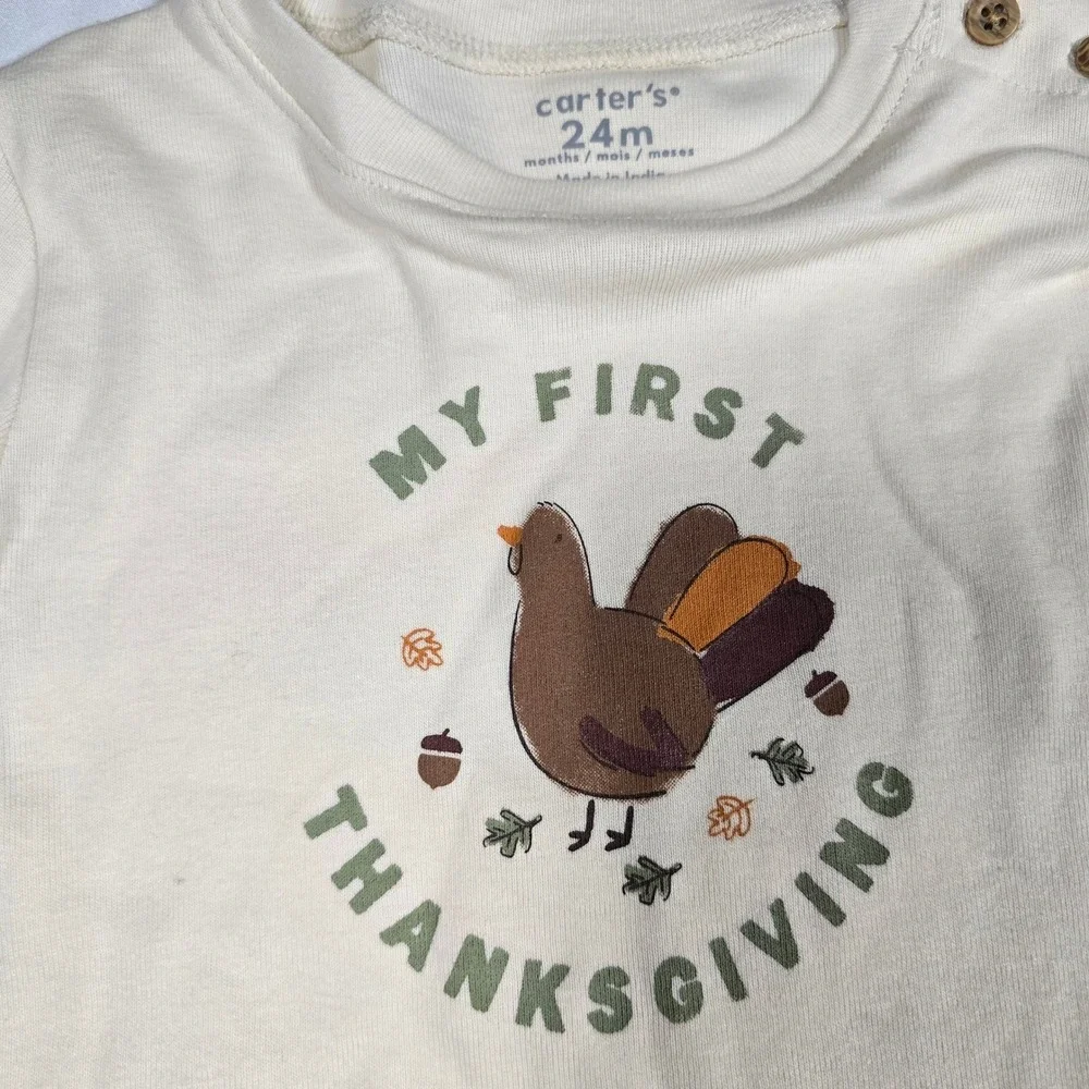 Carters Baby Boy 24M My First Thanksgiving Turkey Bodysuit Outfit Striped Pants - Picture 2 of 4